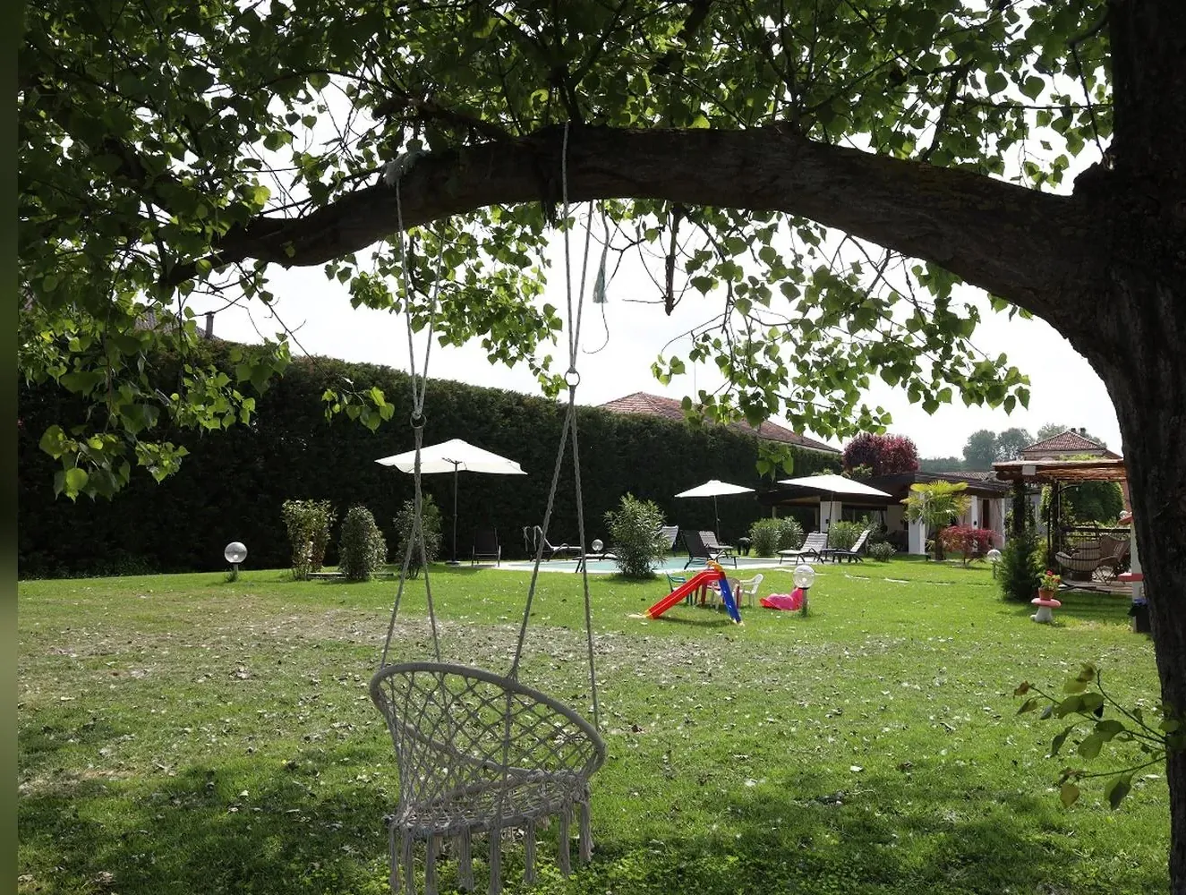 La sedia sospesa sotto il grande albero del giardino