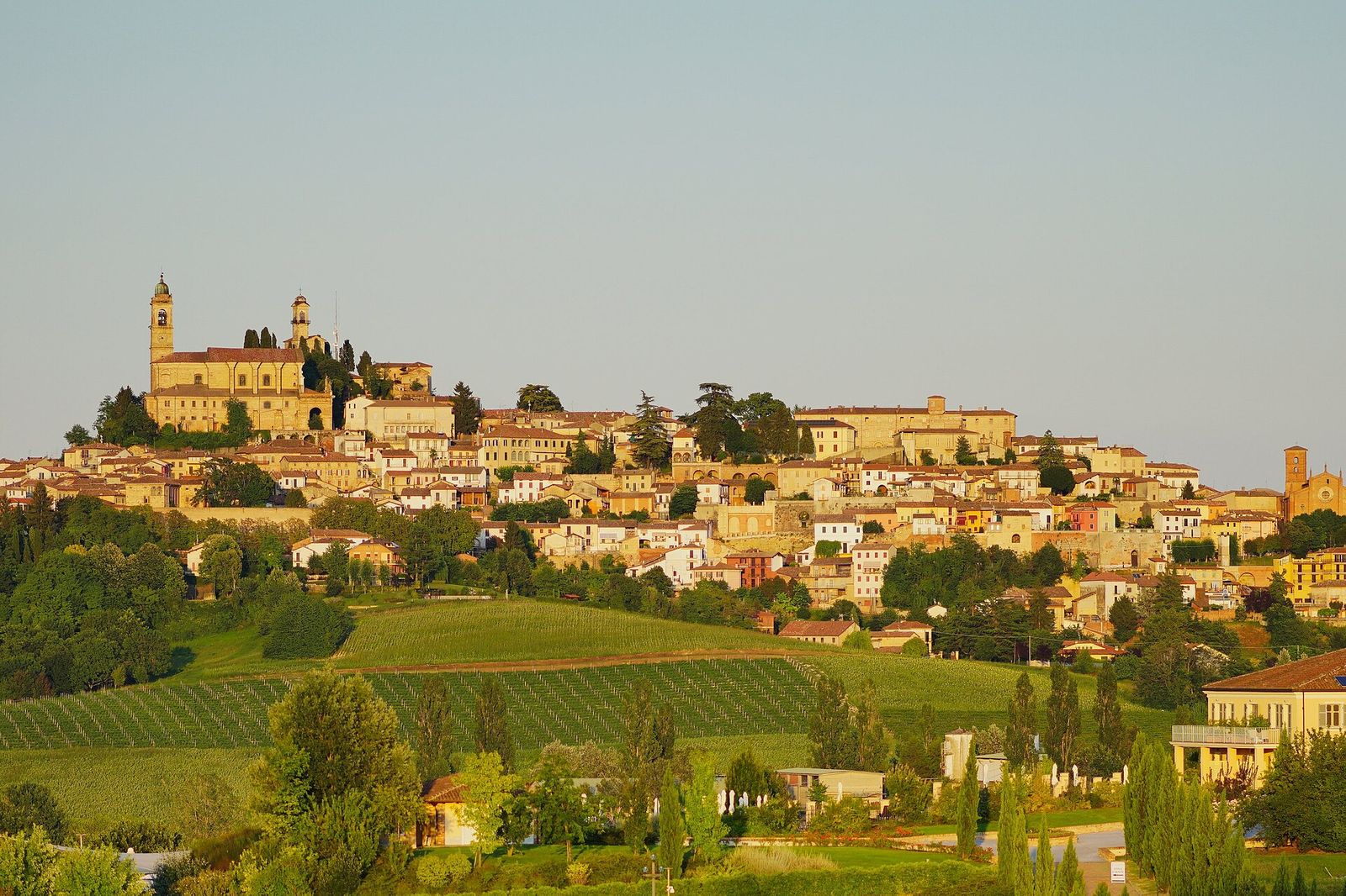 Il borgo di Vignale Monferrato sulla cima di una collina, illuminato dalla luce calda del tramonto, con vigneti e prati in primo piano